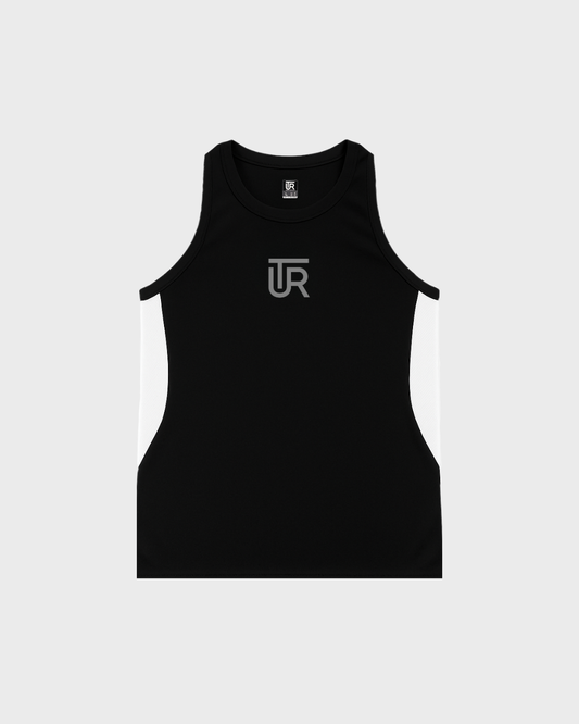 UTR Classic Sport Monochrome sleeveless compression jersey, black with white side panels and gray UTR logo