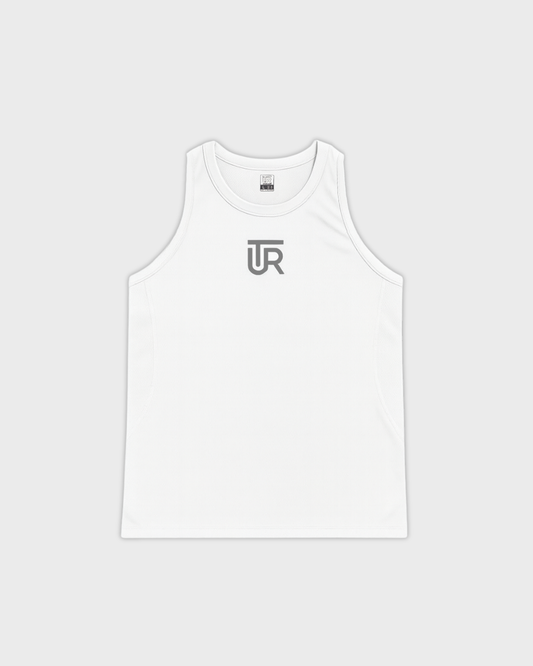 UTR Classic Sport White sleeveless compression jersey with gray UTR logo