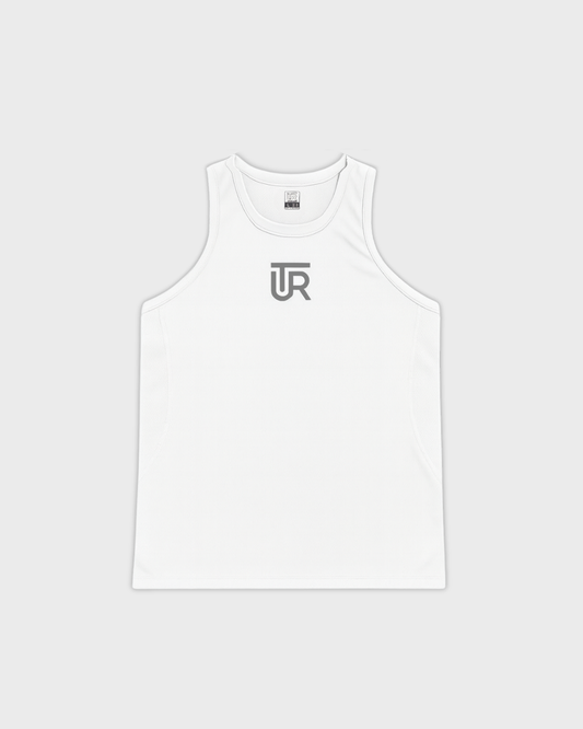 UTR Classic Sport White sleeveless compression jersey with gray UTR logo